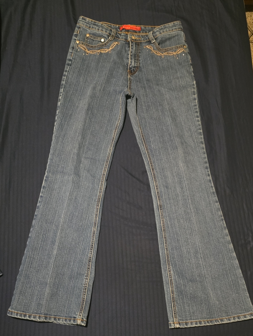 Cosmopolitan Denim Flare Jeans in Blue with Gold Stitching